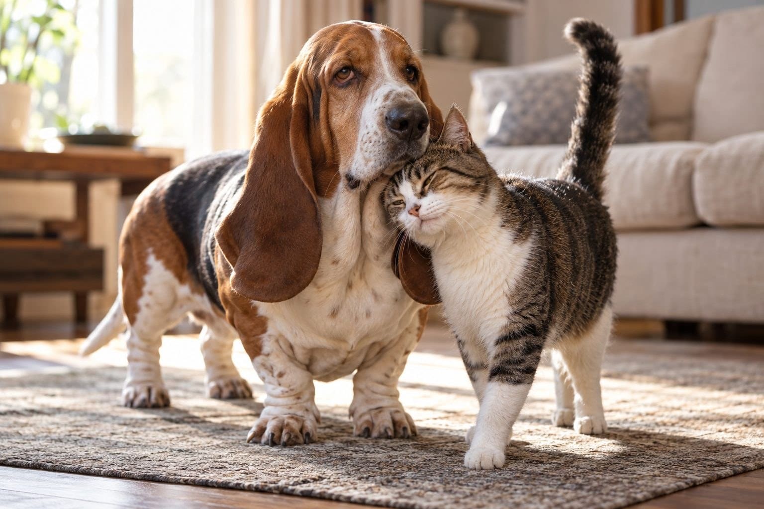 Un Basset Hound adulte jouant pacifiquement avec un chat