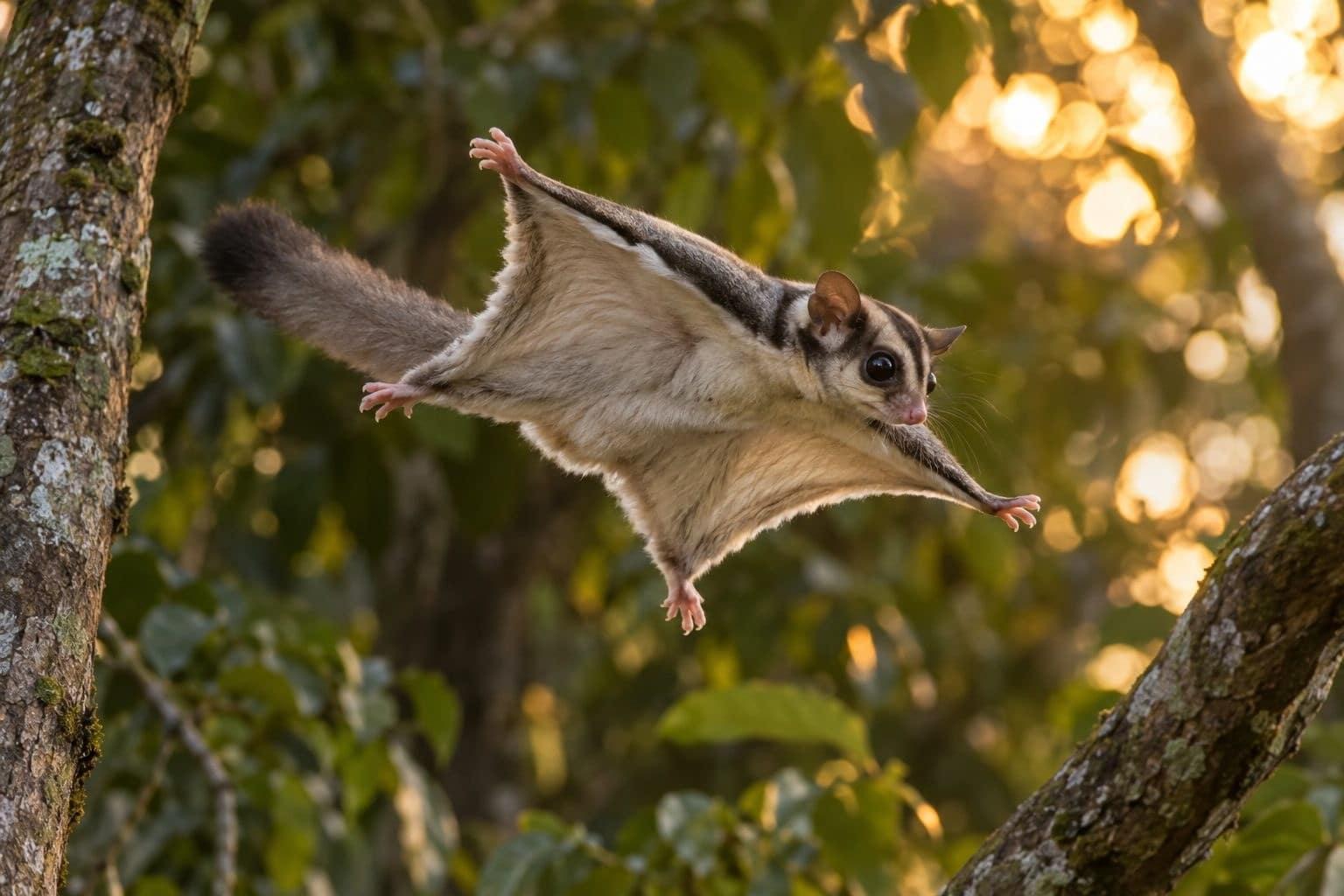Phalanger volant planant entre les branches