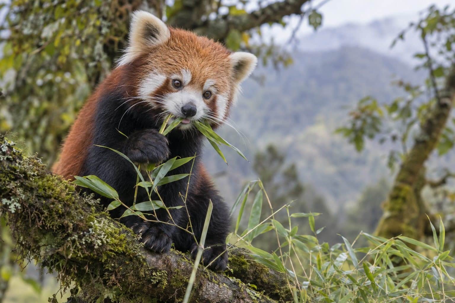 Panda roux mangeant du bambou