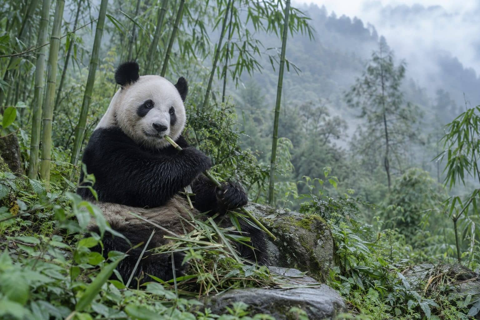 Panda géant mangeant du bambou assis