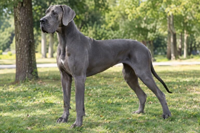 Dogue allemand bleu de profil, debout en position noble