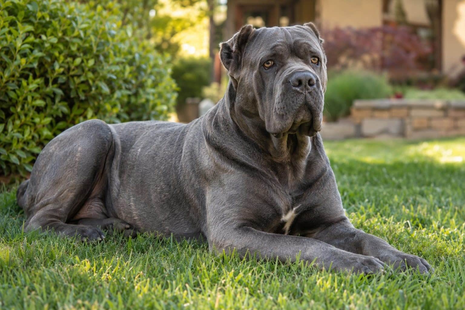 Cane Corso gris allongé au repos dans un jardin