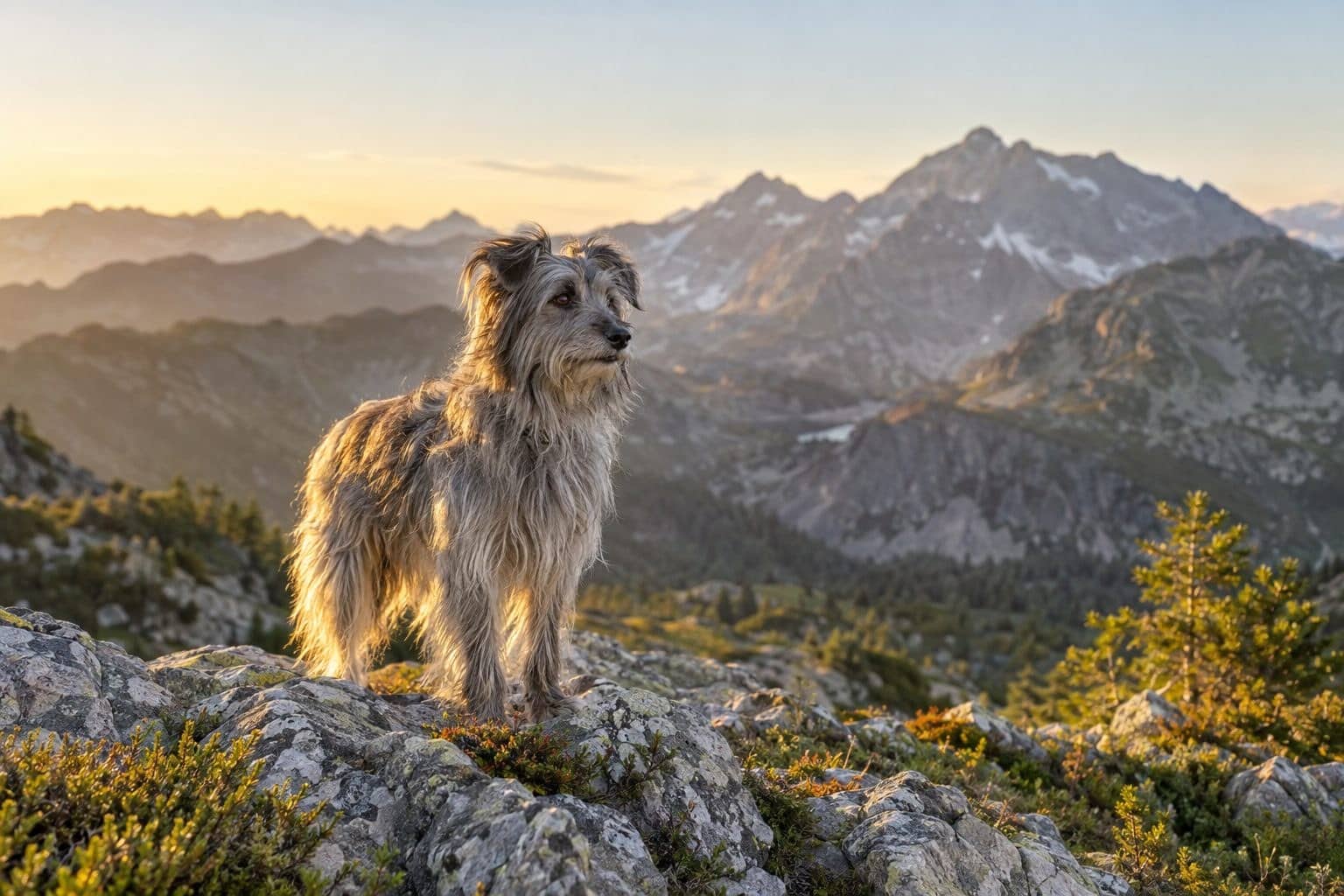 Berger des Pyrénées gris en montagne, debout vigilant