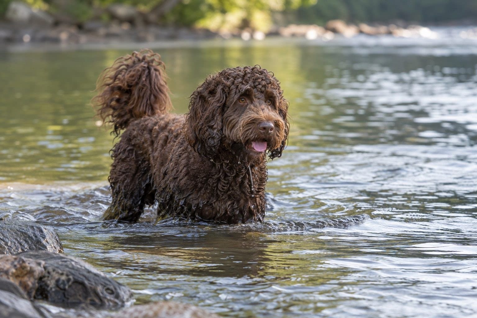 Chien d'eau portugais brun entrant dans l'eau ou à proximité d'une rivière