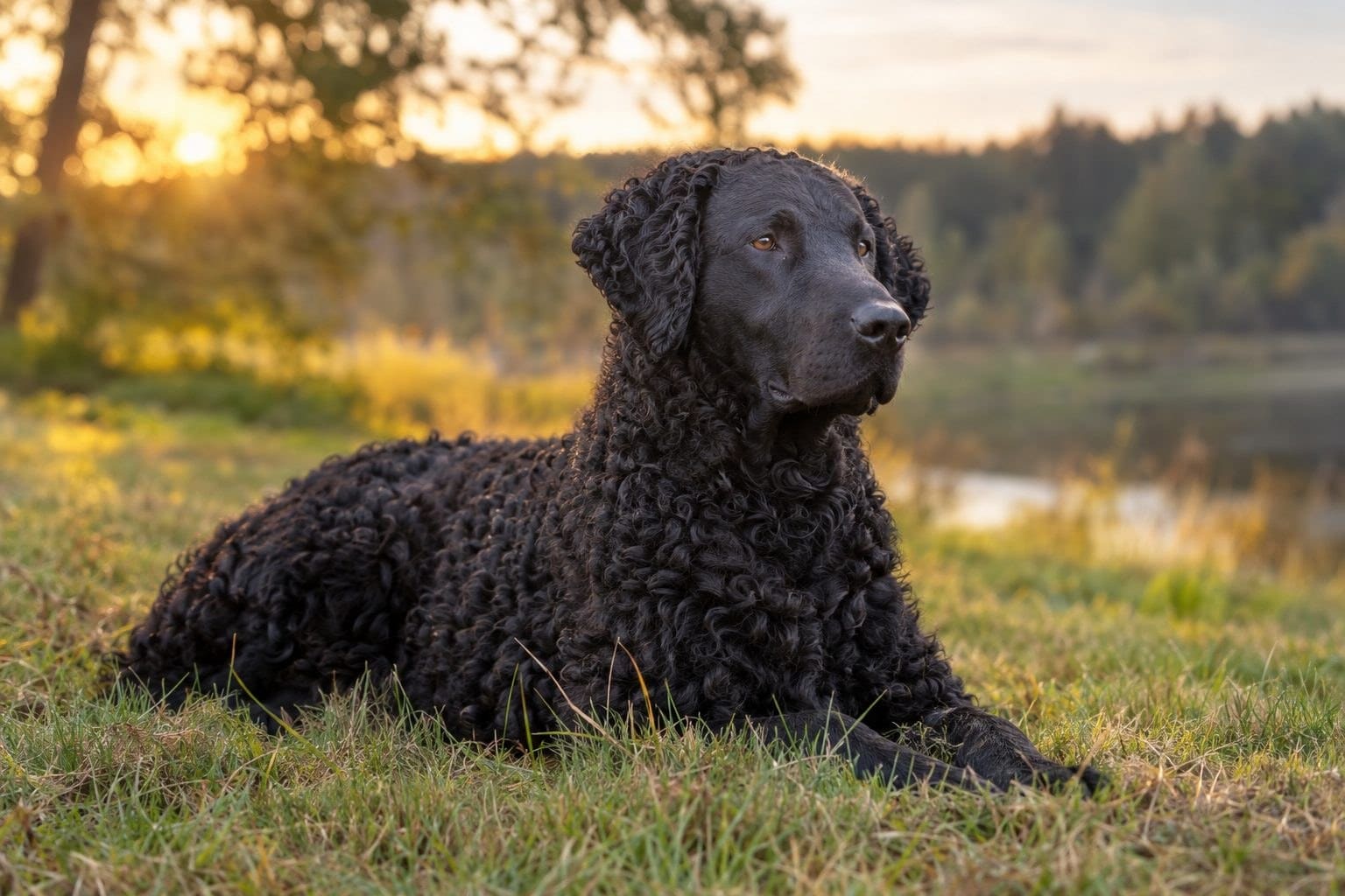 Retriever à poil bouclé noir en position de repos dans un environnement naturel