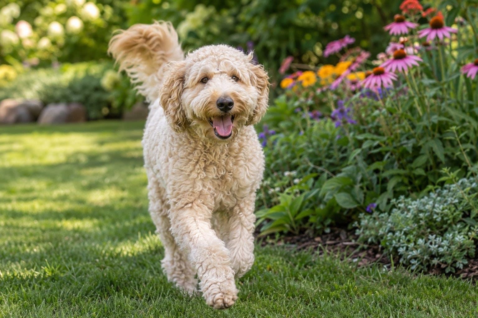 Labradoodle roux ou crème jouant ou en mouvement dans un jardin