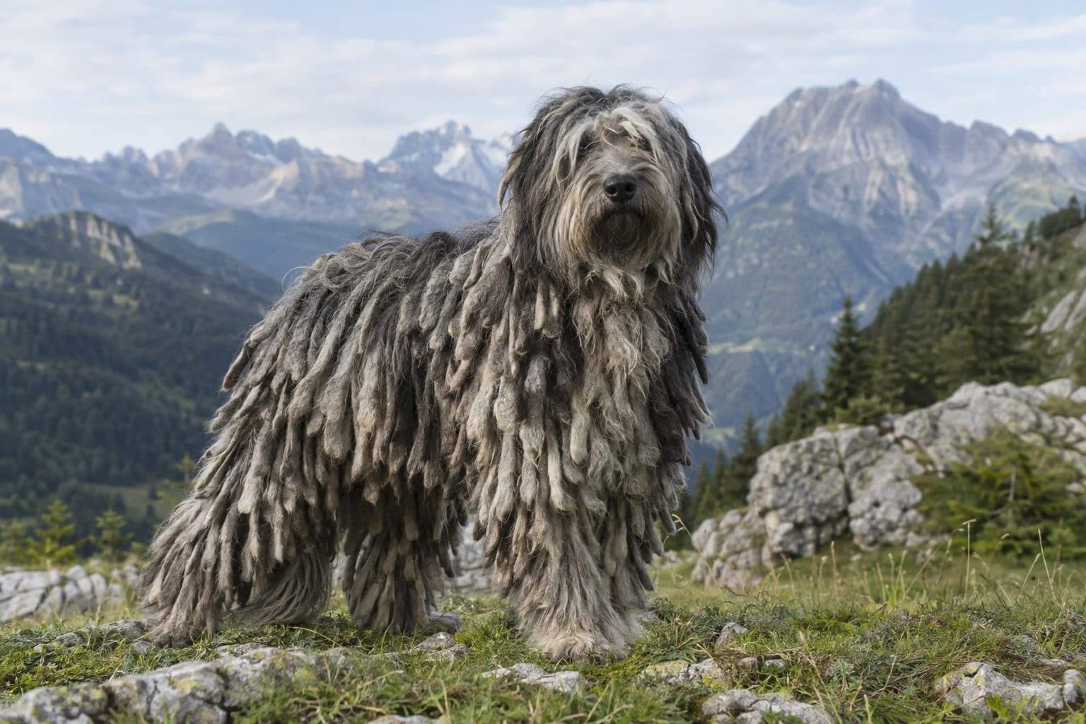Berger de Bergame blanc ou gris avec tapis de cordes denses, en posture de garde tranquille