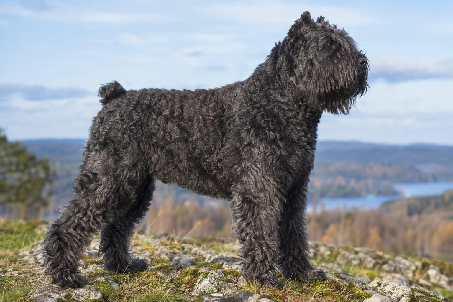 Bouvier des Flandres gris foncé de grande stature, vue imposante de profil