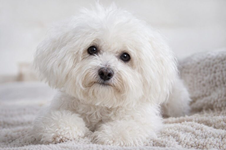 Bichon bolonais blanc très petit avec pelage bouclé très fluffy, portrait de face
