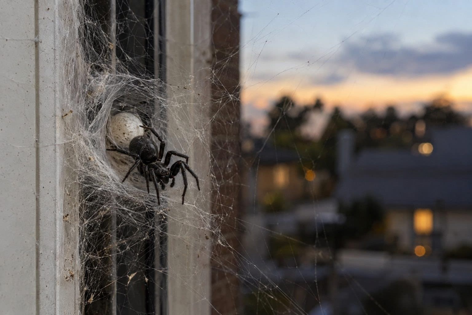 Araignée noire (Badumna insignis) femelle dans sa toile près d'une fenêtre