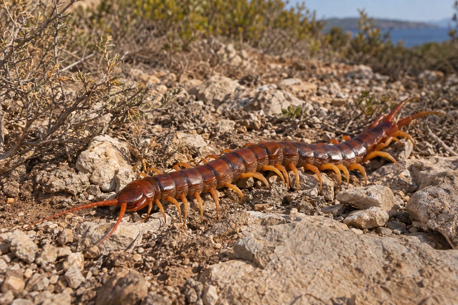 Scolopendre centiède en position de marche sur le sol