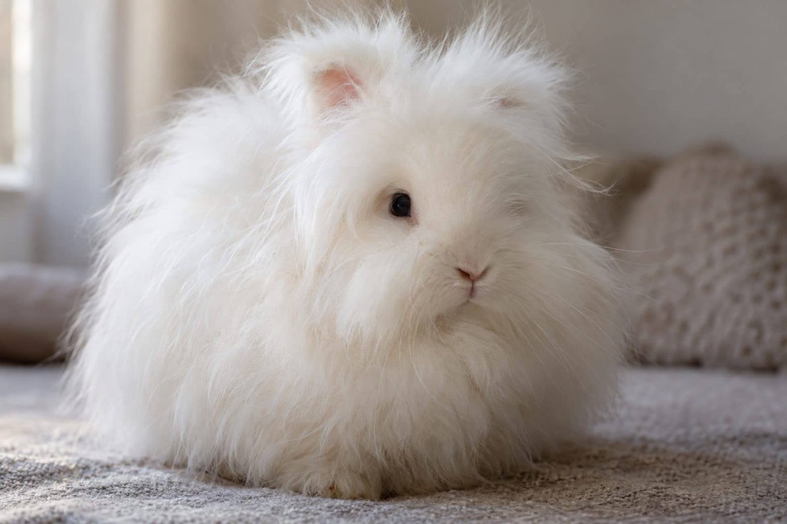 Lapin nain angora en gros plan montrant sa fourrure caractéristique