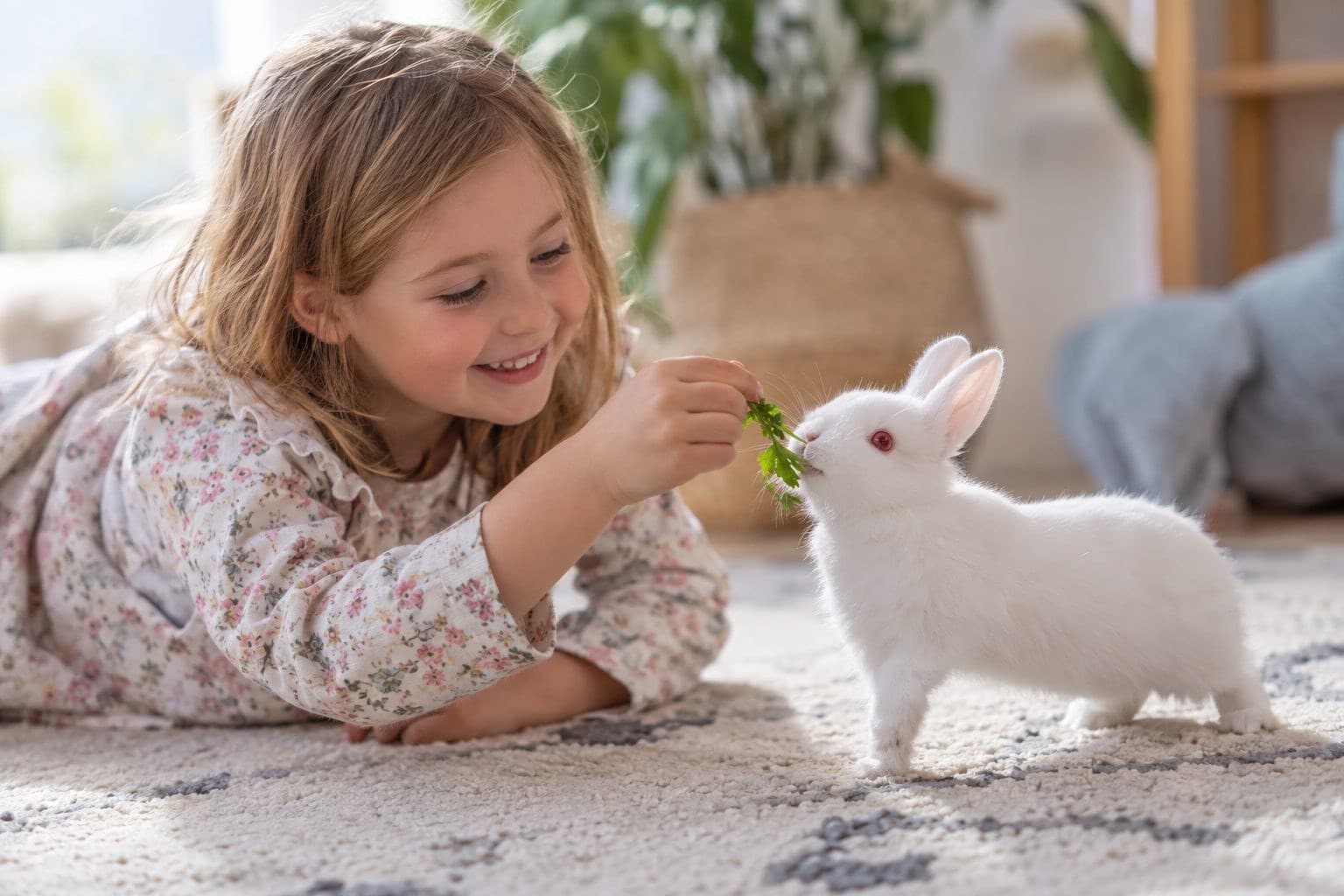 Lapin nain polonais blanc aux yeux rouges jouant avec un enfant