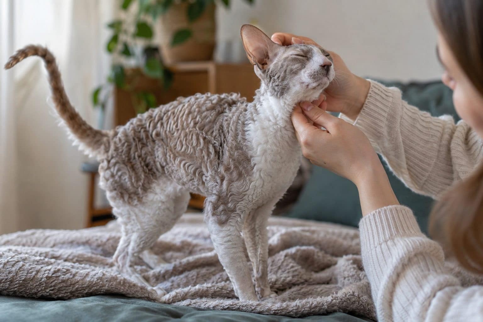 Chat Cornish Rex affectueux avec son maître