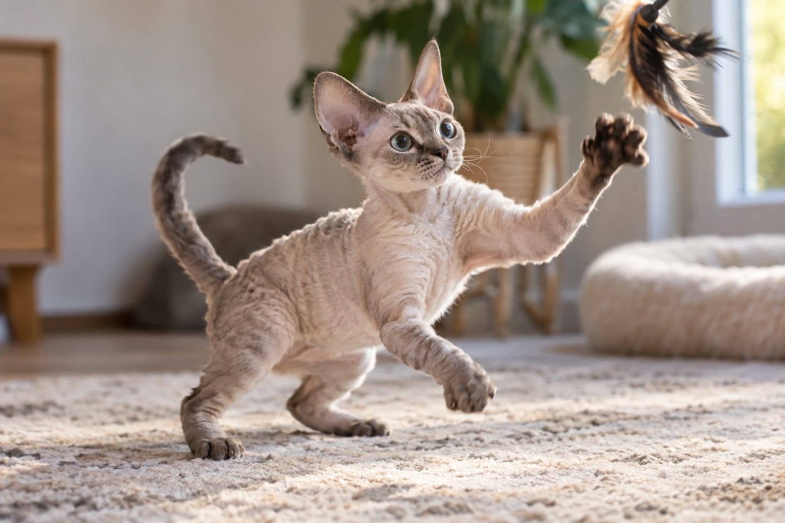 Chat Devon Rex jouant énergiquement