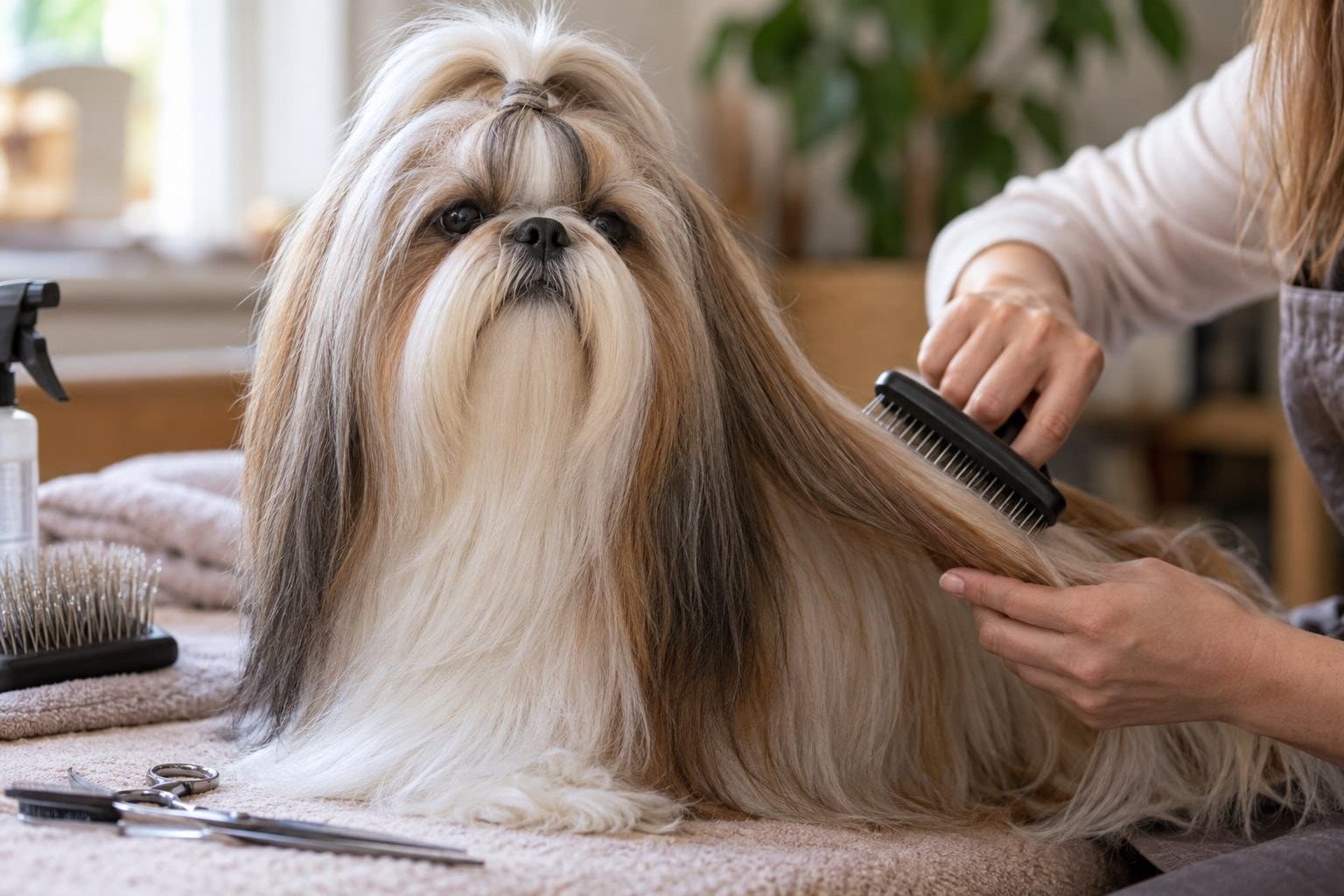 Shih Tzu recevant des soins de grooming montrant la longueur de son pelage