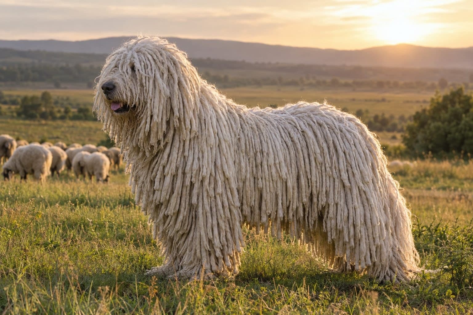 Komondor adulte montrant son pelage caractéristique en cordes