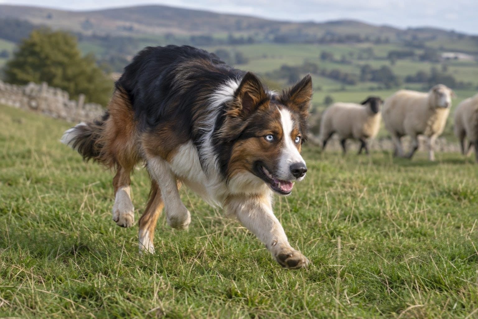 Border Collie aux yeux bleus en action dans un pâturage