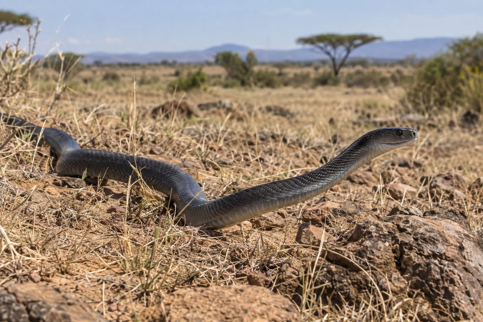 Mamba noir se déplaçant dans son habitat africain