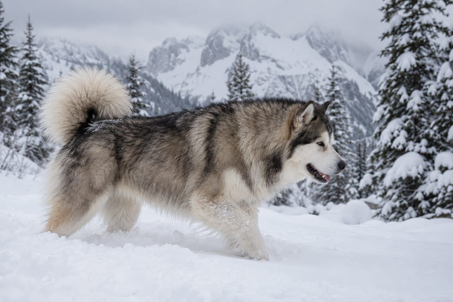 Malamute de l'Alaska dans un environnement montagneux enneigé