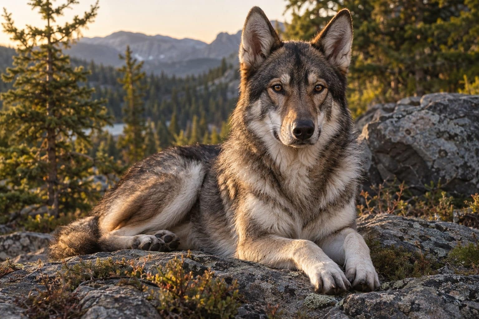 Chien Tamaskan au repos montrant son physique athlétique