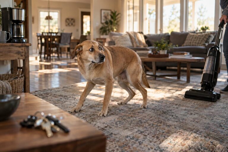 Un chien de taille moyenne sursautant dans un salon moderne, réagissant avec alarme à des bruits domestiques quotidiens (cafetière, aspirateur, clés)