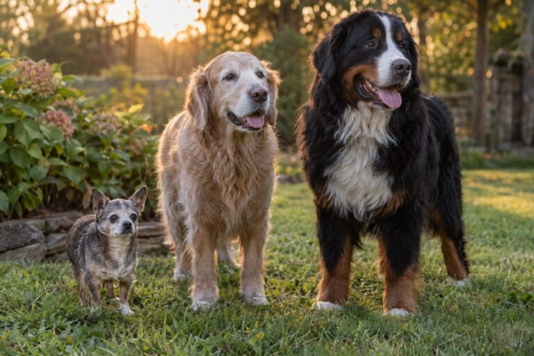 Composition de chiens de différentes races côte à côte montrant les variations de vieillissement selon les races