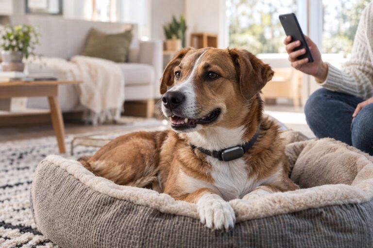 Un chien de race mixte portant un collier connecté moderne, allongé confortablement dans son panier à l'intérieur d'une maison lumineuse, avec son propriétaire visible en arrière-plan consultant son smartphone