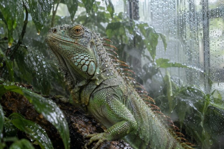 Un terrarium tropical avec un iguane vert (Iguana iguana) dans un habitat devenu excessivement humide, montrant la condensation sur les parois vitrées et la végétation mouillée, illustrant le danger d'un excès d'humidité hivernal