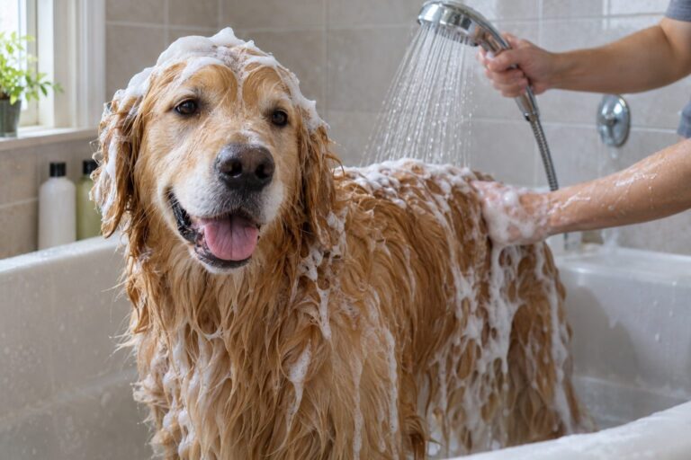 Un chien Golden Retriever mouillé lors d'un bain à la maison, avec de la mousse de shampoing sur son pelage, dans une baignoire ou douche