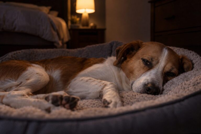Un chien de race moyenne allongé sur son lit, les yeux mi-clos, agité et montrant des signes d'inconfort nocturne