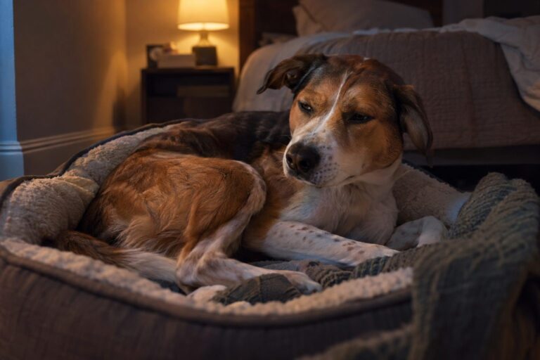 Un chien allongé dans son panier ou son lit, la nuit, montrant des signes d'agitation : yeux mi-clos, posture inconfortable, tourné dans plusieurs positions, illustrant les troubles du sommeil et l'insomnie canine