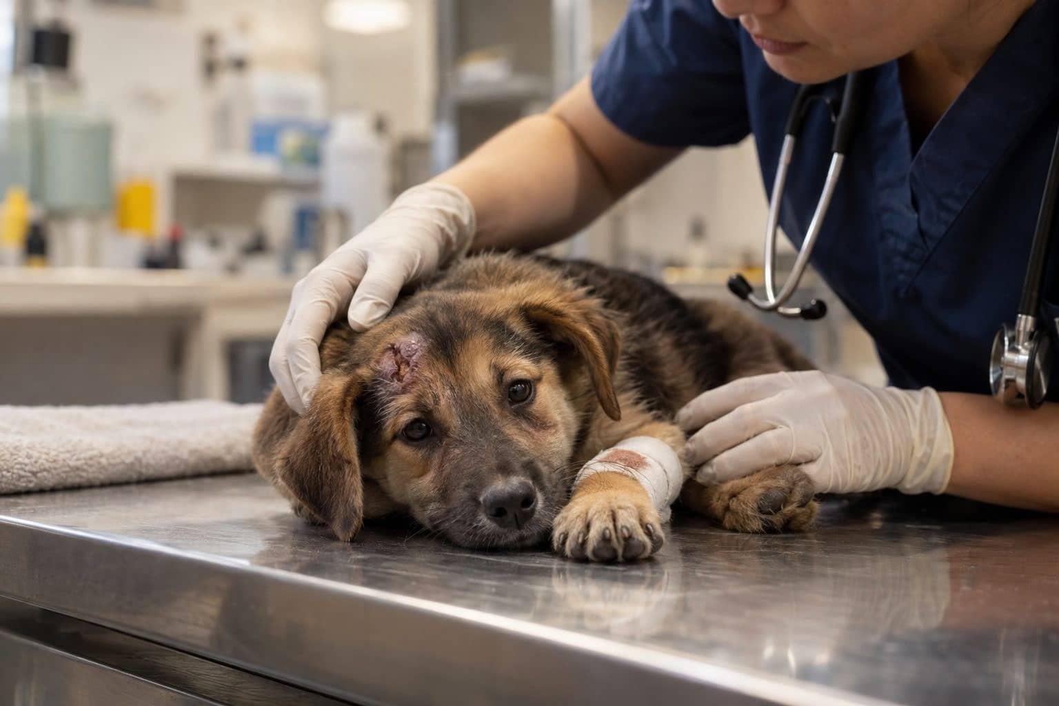 Un jeune chiot blessé et traumatisé recevant des soins vétérinaires d'urgence