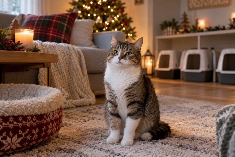 Un chat confortablement installé près de ses bacs à litière dans un intérieur chaleureux de Noël