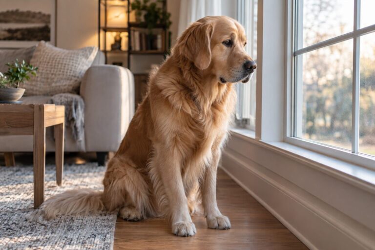 Un chien Golden Retriever seul dans un salon moderne, assis près d'une fenêtre avec une expression mélancolique, attendant son maître