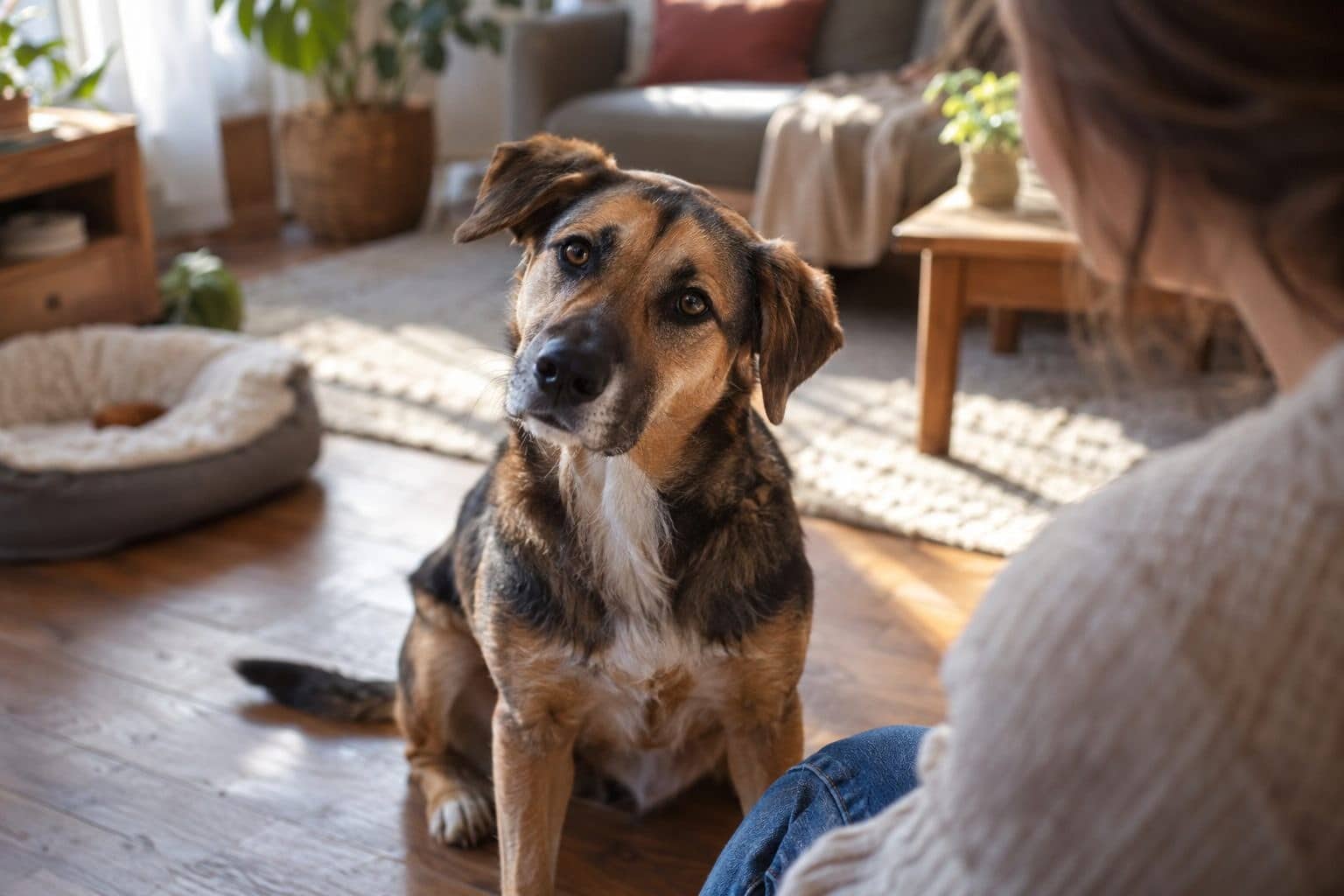 Un chien adulte de refuge assis dans un intérieur chaleureux, observant son nouveau propriétaire avec une expression mélangée de prudence et d'espoir