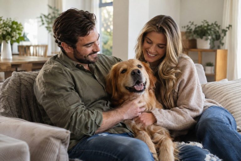 Un homme et une femme souriants assis sur un canapé avec un chien heureux entre eux, moment de complicité et de bien-être partagé en intérieur