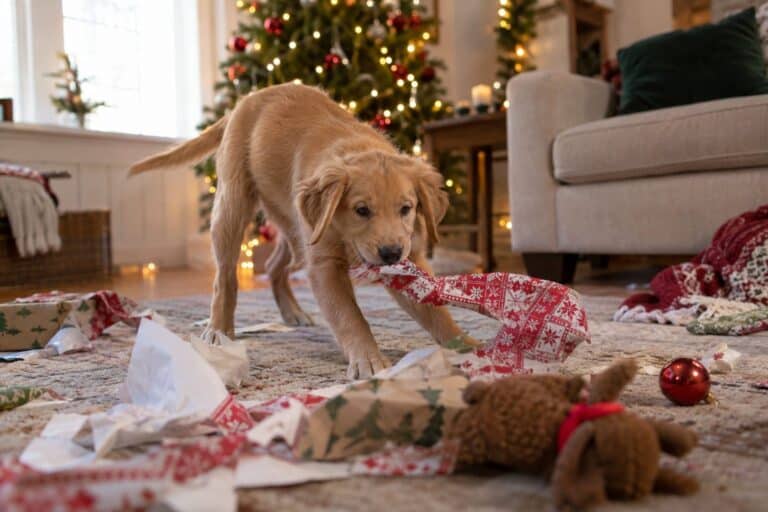 Un chiot en train de jouer dans un salon pendant la période des fêtes de Noël, avec des décorations festives visibles en arrière-plan