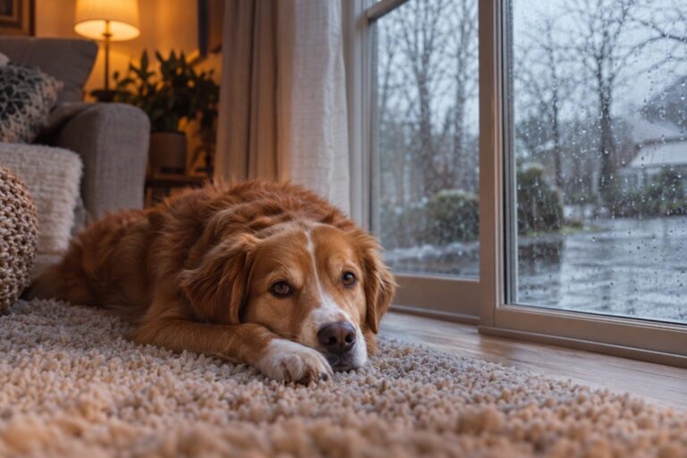 Un chien (race mixte) confortablement allongé à l'intérieur d'une maison, près d'une fenêtre avec vue sur un jardin pluvieux et gris d'hiver
