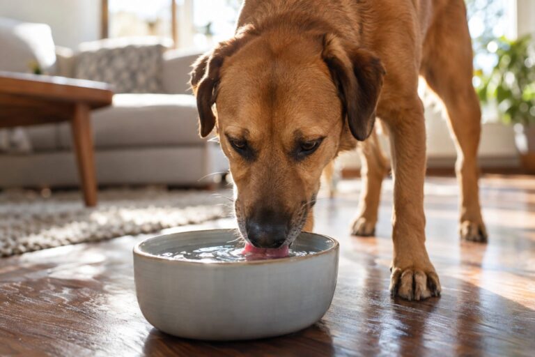 Un chien brun buvant excessivement à sa gamelle d'eau remplie, avec un regard inquiet, dans un intérieur domestique lumineux