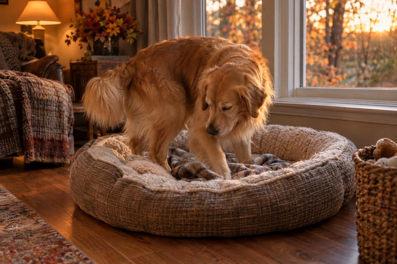 Un chien golden retriever qui gratte et réarrange son panier douilletdans un salon automnal, vue de côté en plan moyen