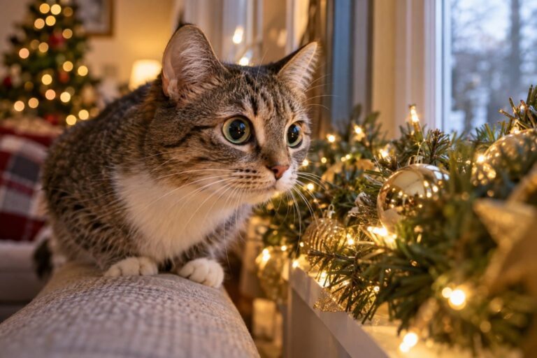 Un chat domestique (Felis catus) fasciné par les reflets dorés d'une guirlande de Noël près d'une fenêtre en intérieur