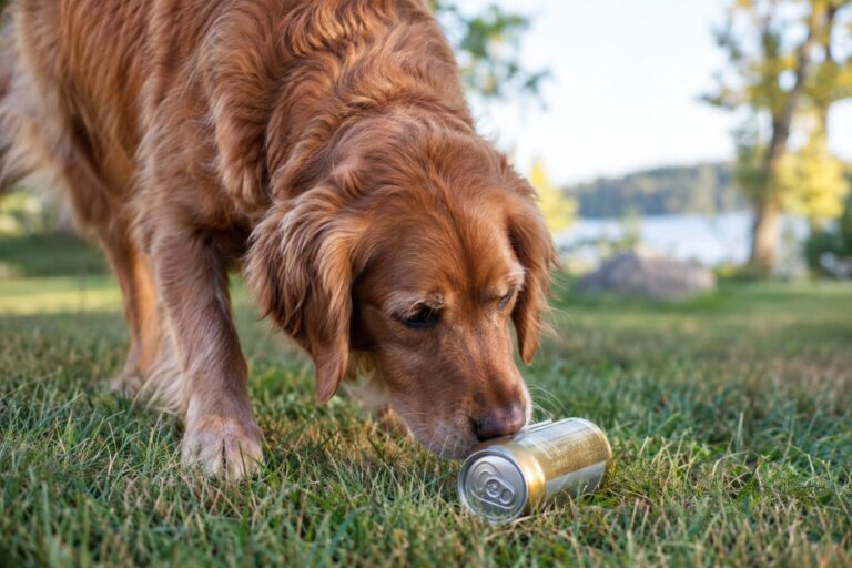 Une chienne golden retriever ou labrador retriever brun-roux découvrant ou reniflant une canette de bière au sol, moment de retrouvailles émouvantes