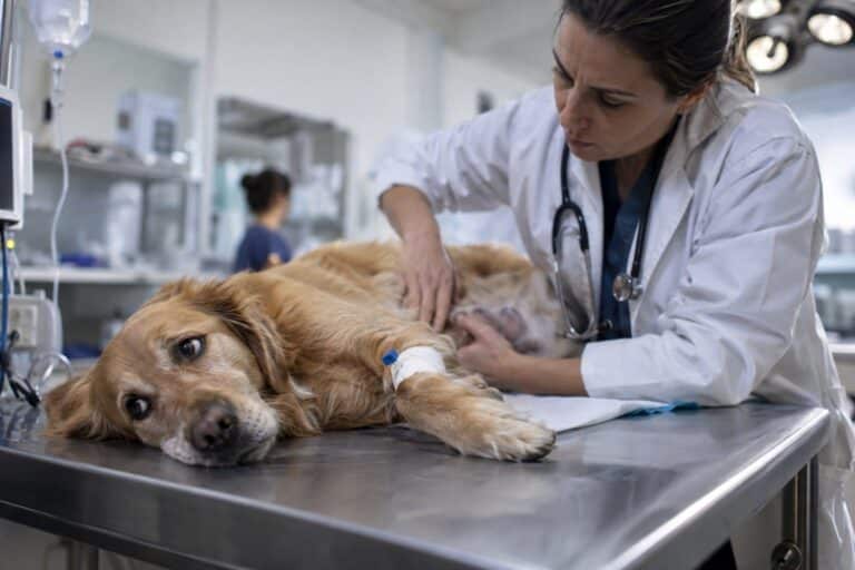 Un chien en détresse chez le vétérinaire d'urgence, moment critique de consultation