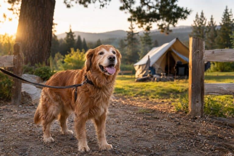 Un chien heureux en laisse à l'entrée d'un camping avec tente en arrière-plan, moment de détente en pleine nature