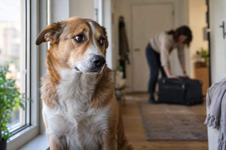 Un chien triste regardant par la fenêtre tandis que son propriétaire ferme une valise dans l'entrée de l'appartement