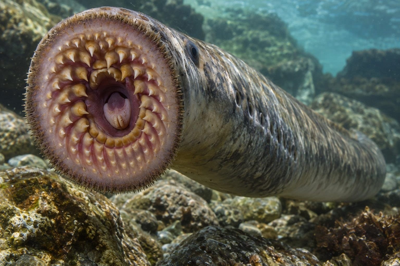 Lamproie marine avec sa bouche circulaire en gros plan