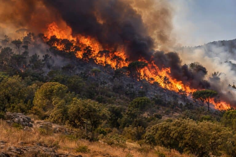 Incendie de forêt dans le massif des Maures en Var, avec flammes et fumée envahissant la végétation méditerranéenne