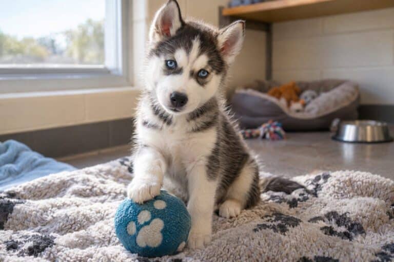 Un chiot husky sibérien dans un refuge animalier, jouant avec un jouet, montrant sa vulnérabilité et son besoin de care