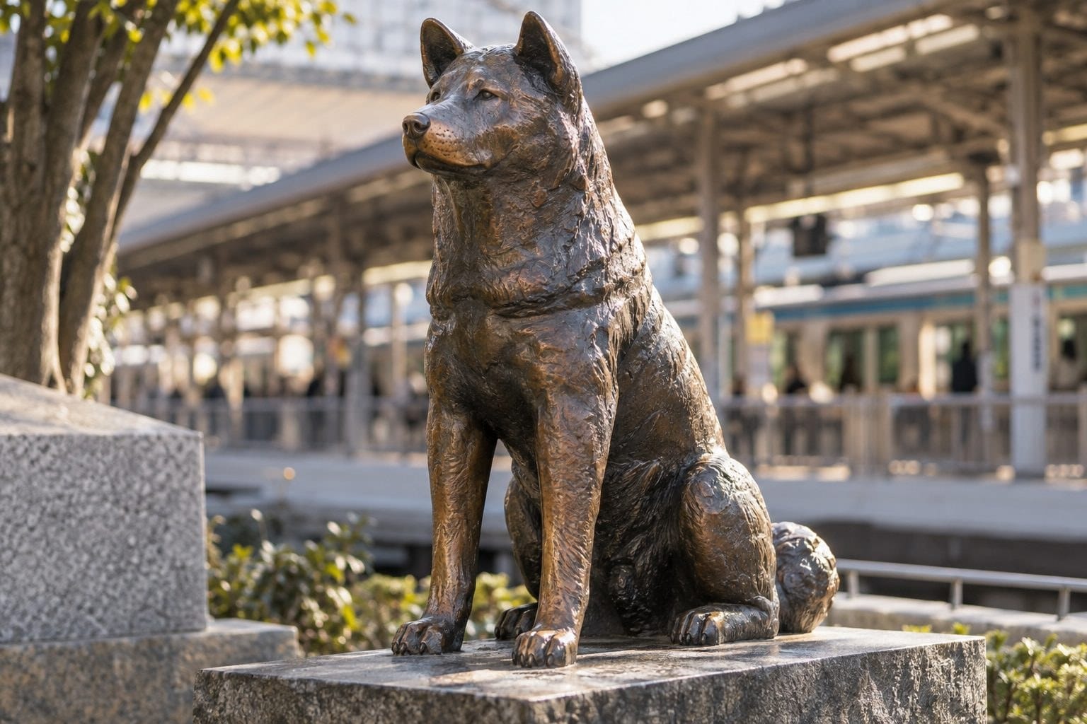 Une statue en bronze d'un Akita Inu dans une gare, symbole de fidélité et de retrouvailles